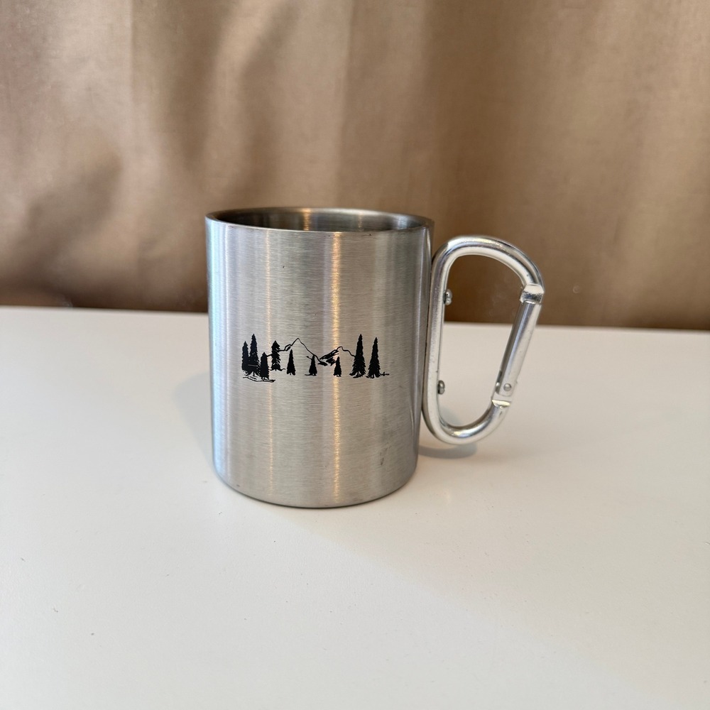 Stainless Steel Camping Mug Carabiner Handle Mountain Tree Graphic Silver